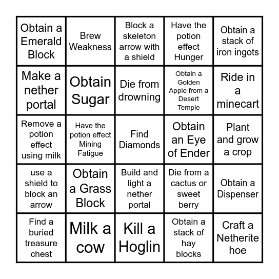 Minecraft Bedrock Lockout Bingo Card