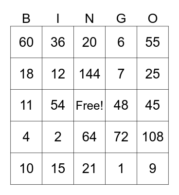 Multiplication and Division Bingo Card