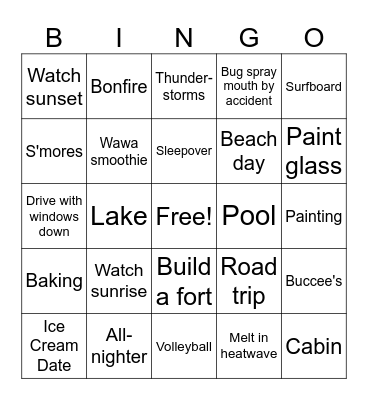 Summer Activity Bingo Card