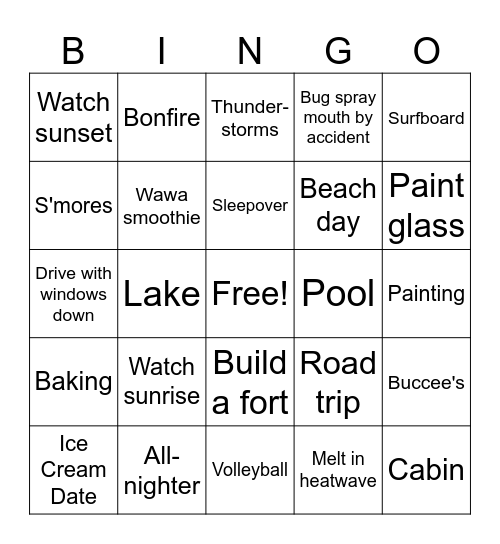 Summer Activity Bingo Card