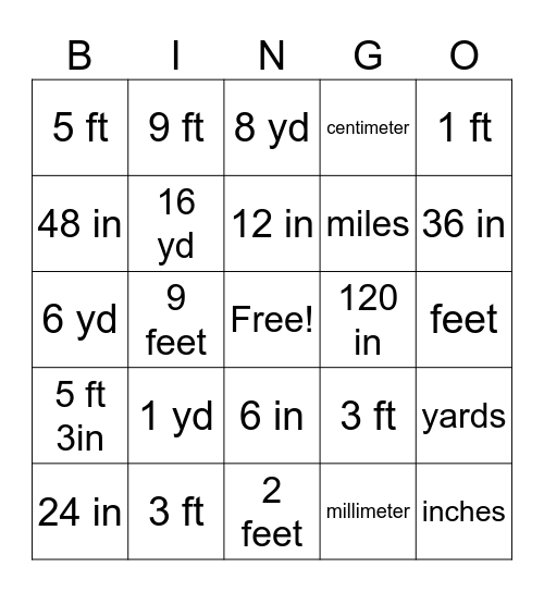 Customary Units of Measurement - Length Bingo Card