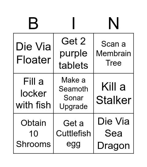 Subnautica Bingo Card