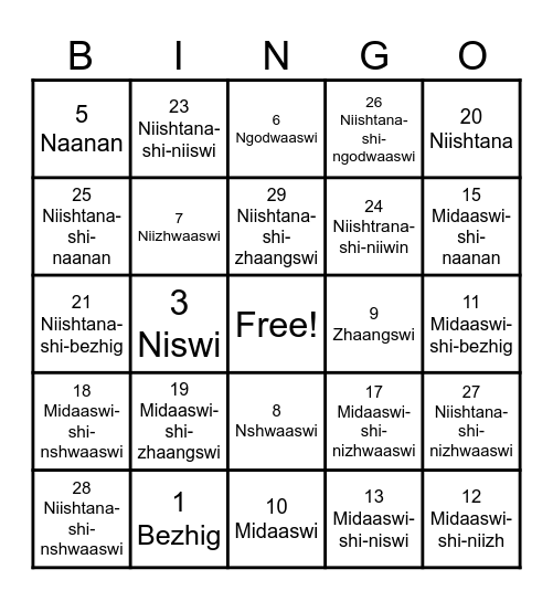 Anishnabemowin BINGO 1-30 Bingo Card