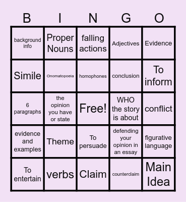 ELA Bingo Card
