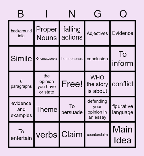 ELA Bingo Card