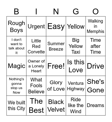 Soft Rock game 1 Bingo Card