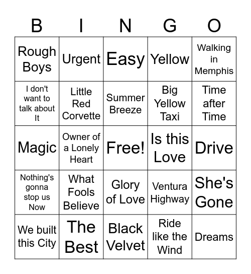 Soft Rock game 1 Bingo Card