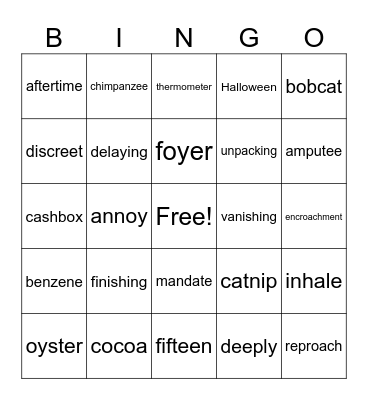 "oy" "er" "ing" "oa" "ee" "ME" "CL" Bingo Card