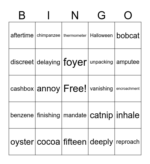 "oy" "er" "ing" "oa" "ee" "ME" "CL" Bingo Card