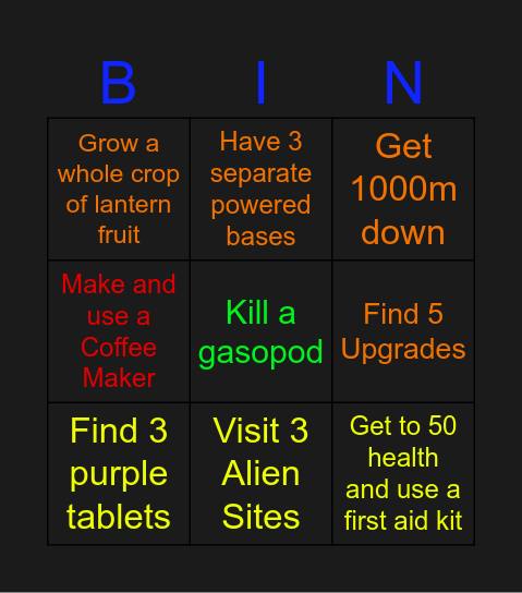 Subnautica Bingo Card