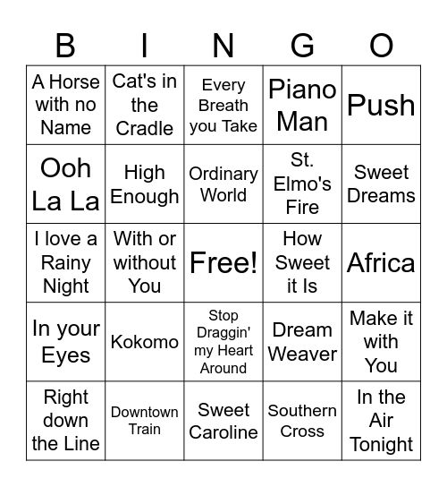 Soft Rock game 2 Bingo Card