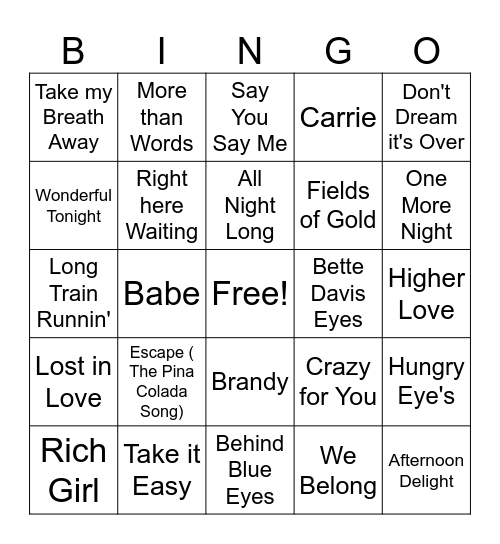 Soft Rock Game 3 Bingo Card