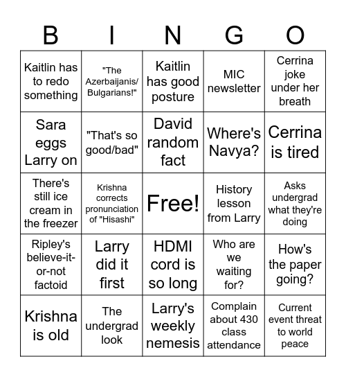 Griffing Lab Meeting Bingo Card