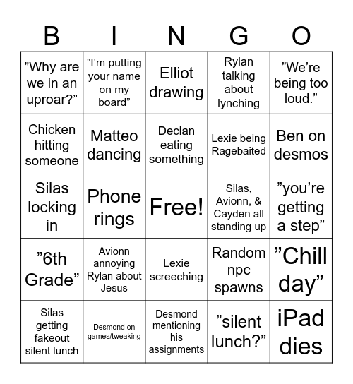 2nd Period Bingo Card