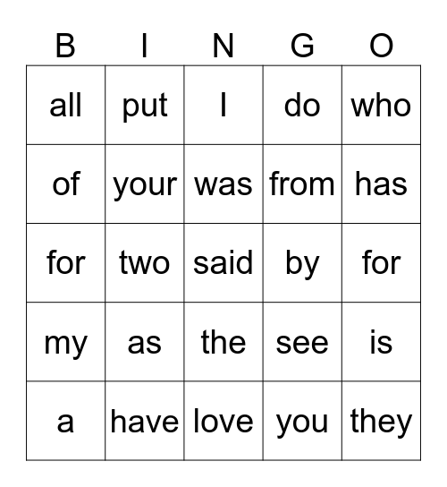 Heart Word Bingo Card