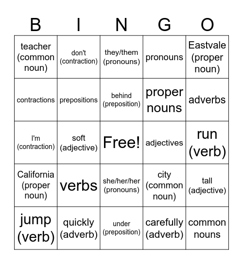 Parts of Speech Bingo Card