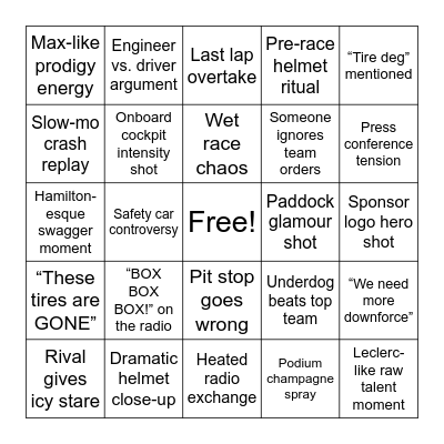 F1 Movie Night Bingo Card