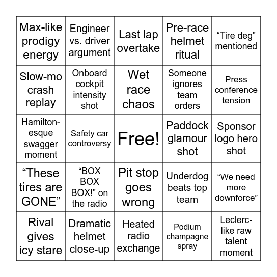 F1 Movie Night Bingo Card