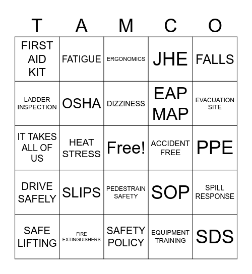 Safety Bingo Card