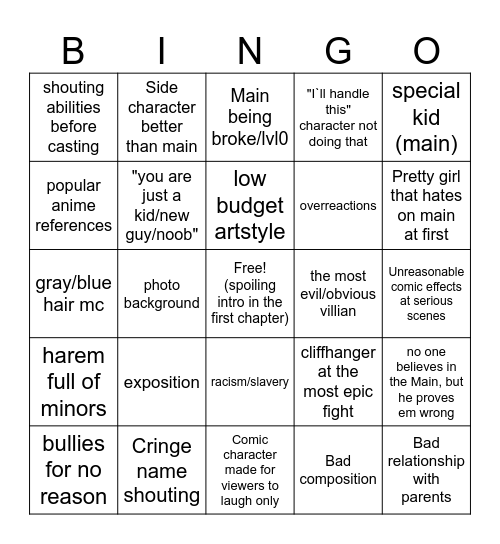 Bad Manga Bingo Card