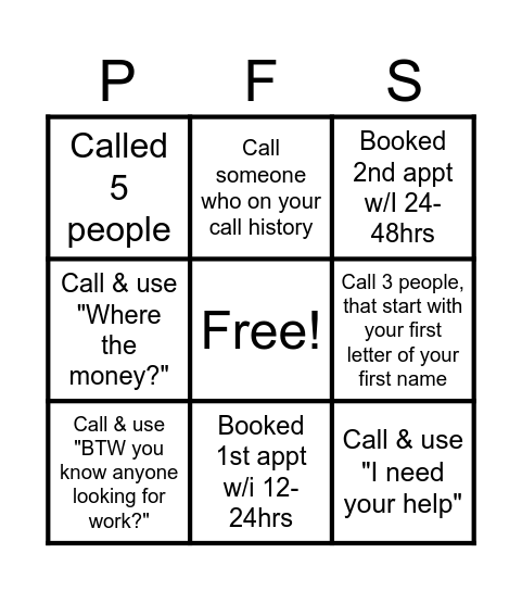 PRIGO Bingo Card