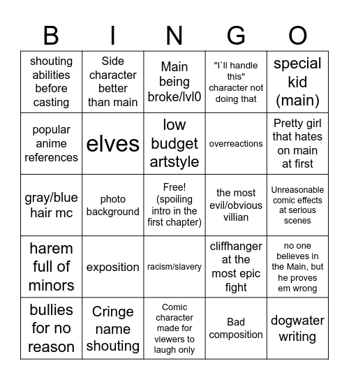 Bad Manga Bingo Card
