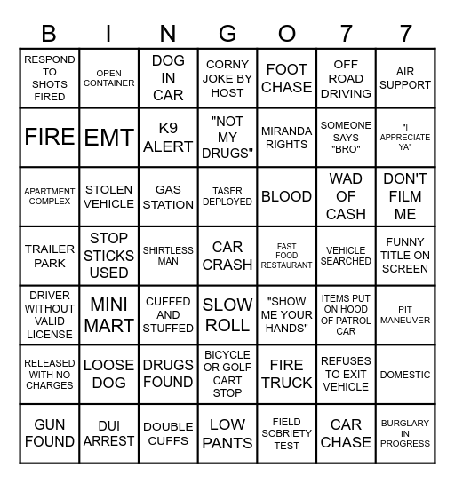 ON PATROL LIVE Bingo Card