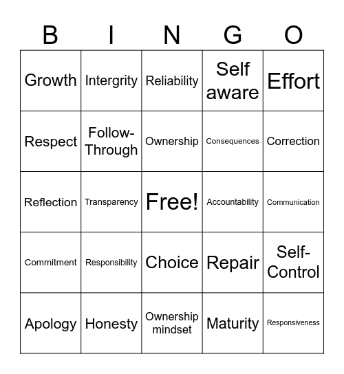 Accountability BINGO Card