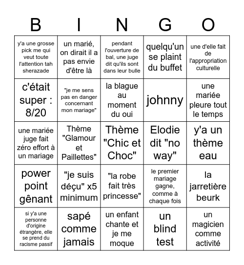 4 mariages Bingo Card