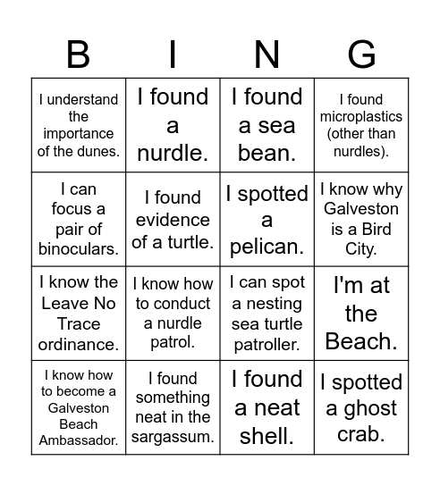 East Galveston Beach Walk Bingo Card