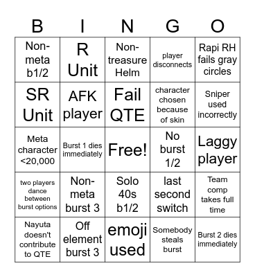 Coop Raid Bingo Card