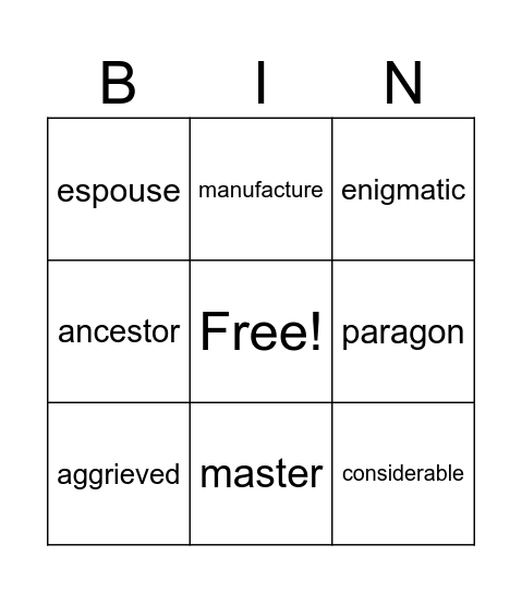 Vocabulary March 30 - April 5 Bingo Card