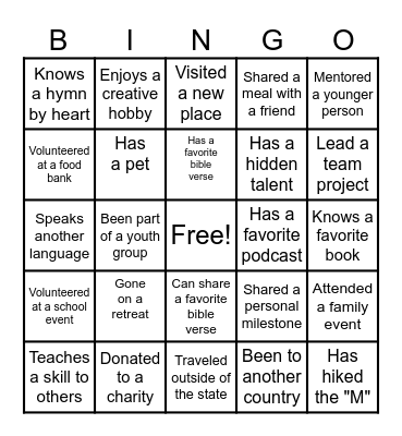 SFX Youth Group Bingo Card