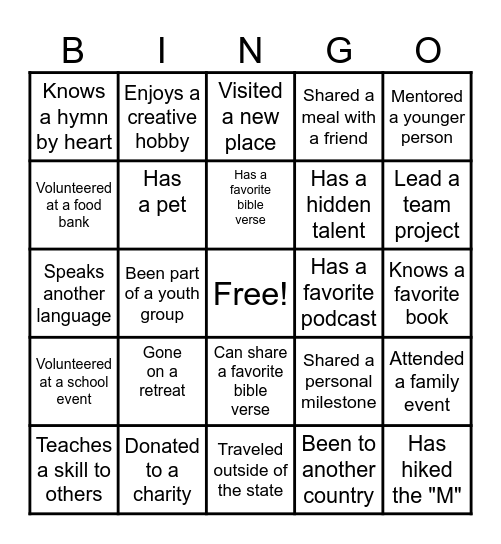 SFX Youth Group Bingo Card