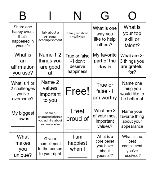 Self-Esteem Bingo Card