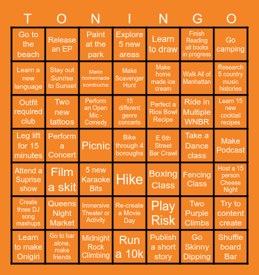 Toningo Bingo Card