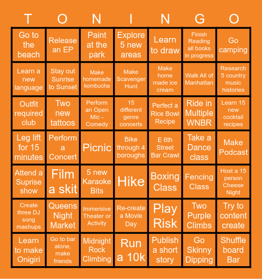Toningo Bingo Card