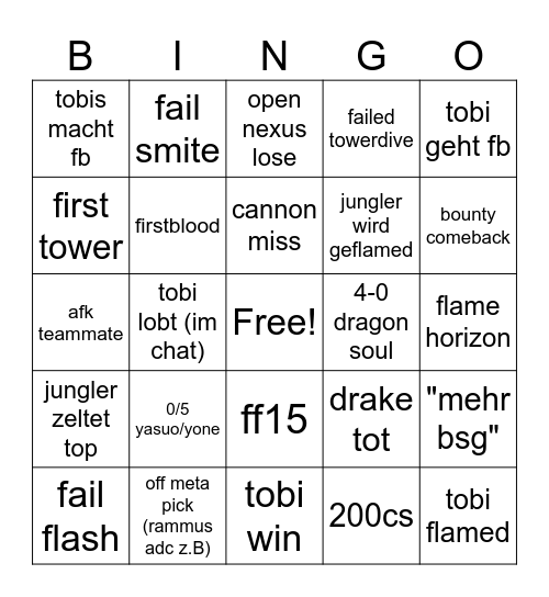 Tobis Rankedabenteuer Bingo Card