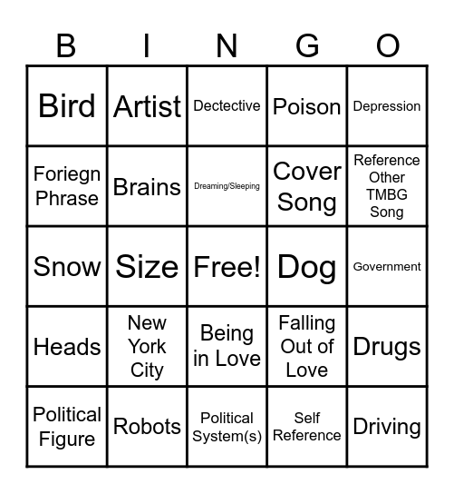 TMBG The World Is To Dig Bingo Card