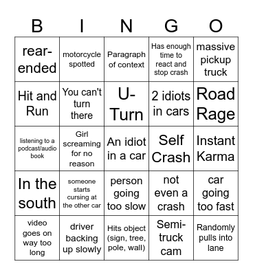 Idiots in Cars Bingo Card