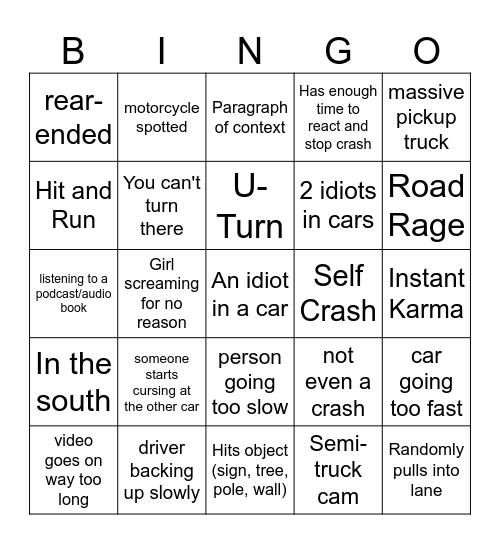 Idiots in Cars Bingo Card
