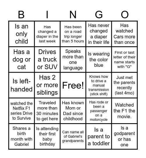 Gabriel's First Bingo Card