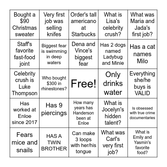 Ortho Trauma Staff - Get to know me Bingo Card