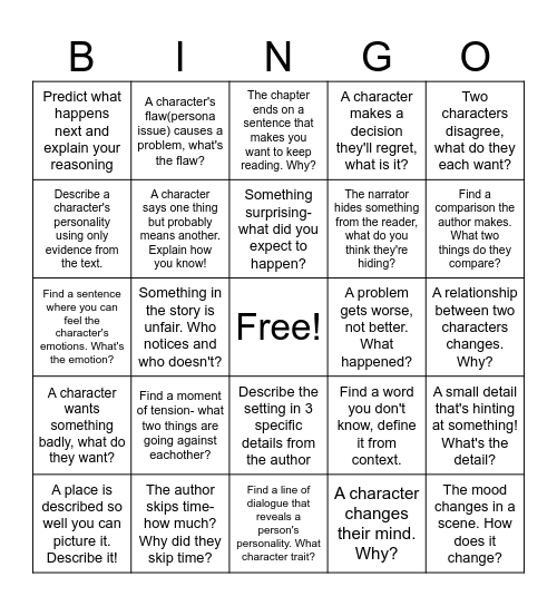Reading Bingo Card