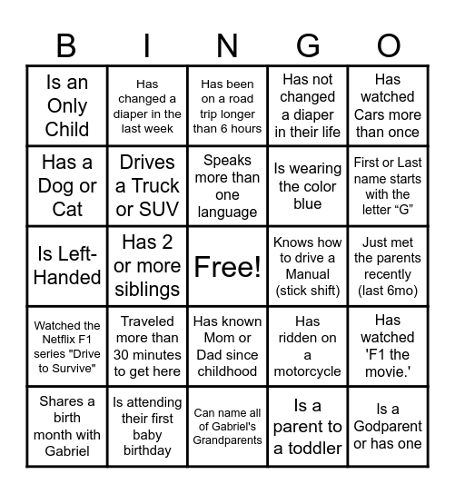 Gabriel's 1st Birthday Bingo Card