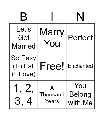 Bridal Music Bingo Card