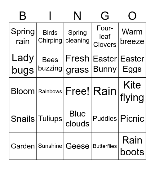 Spring time Bingo Card