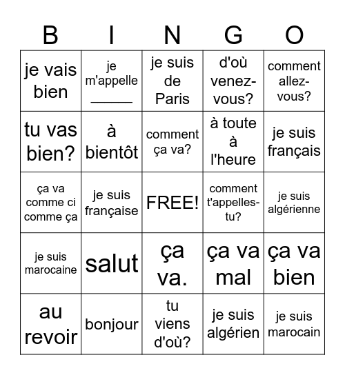 Salutations TCF IRN – Séance 1 Bingo Card