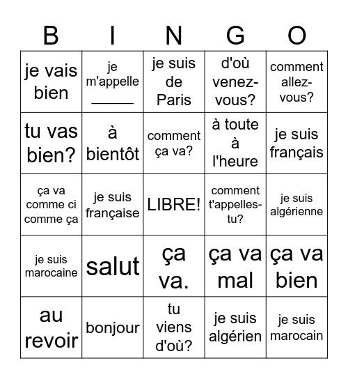 Salutations TCF IRN – Séance 1 Bingo Card