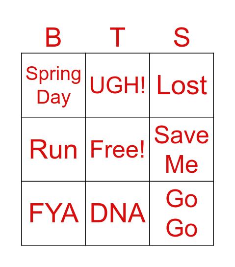 BINGO MUSICAL BANGTAN Bingo Card
